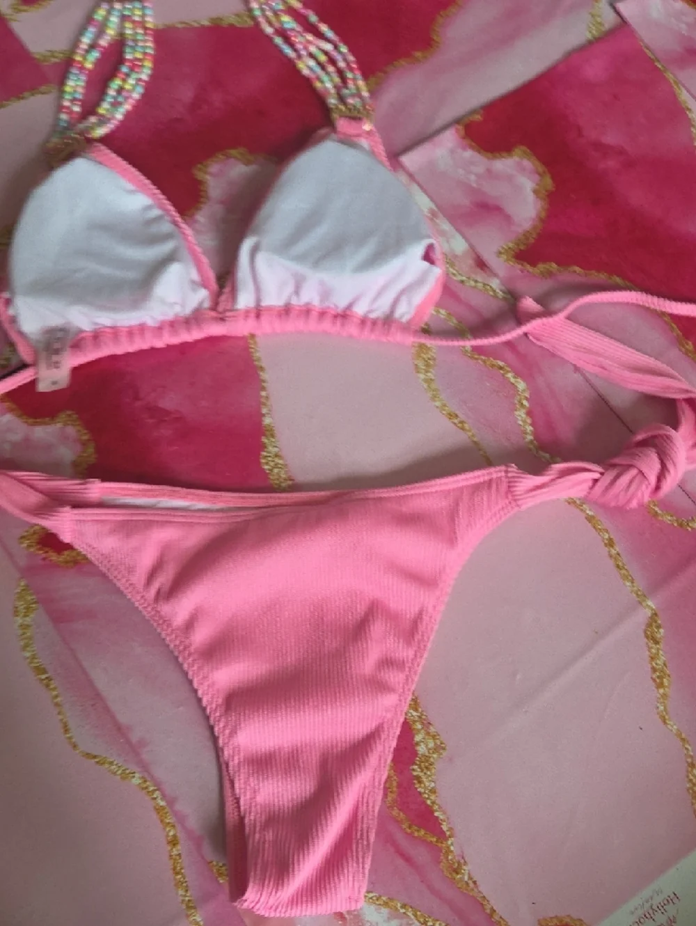 Pink Ribbed Beaded Strap Bikini Set - Picture 3 of 4